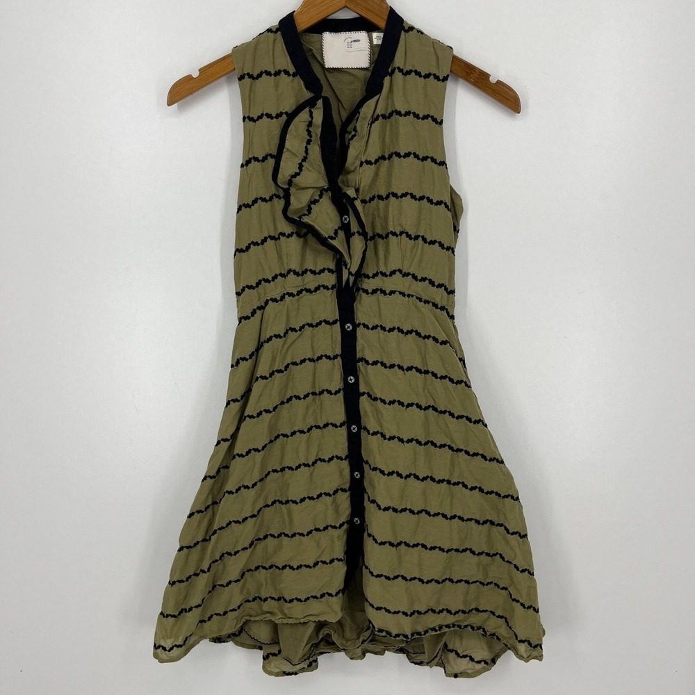 Anthropologie Postage Stamp Cotton Green Striped Dress Sleeveless Ruffle Size 00